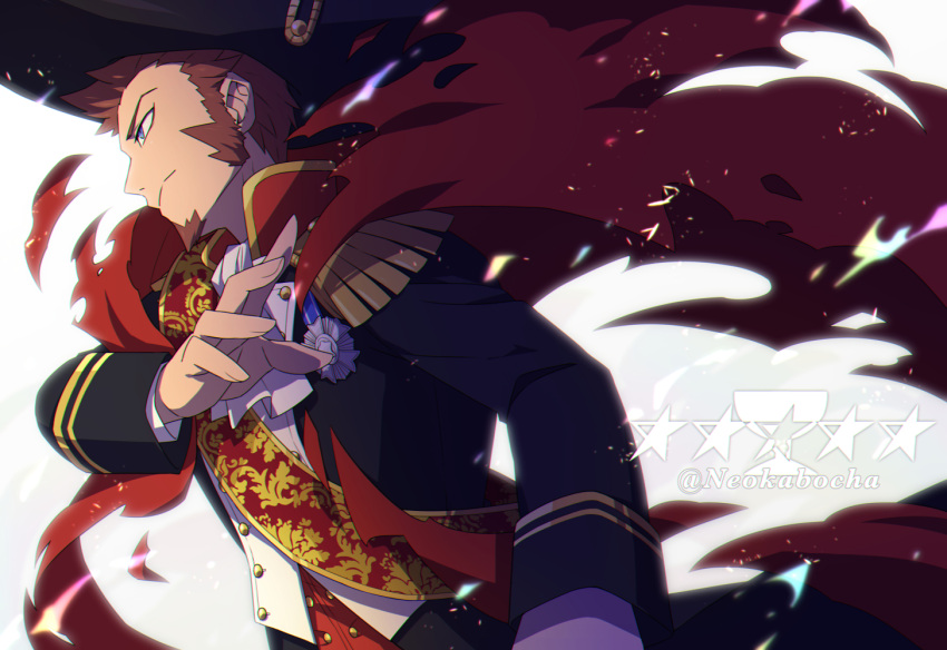1boy arm_at_side ascot blue_eyes brown_hair cloak epaulettes facial_hair fate/grand_order fate_(series) fringe_trim from_side frown gameplay_mechanics goatee hand_up holy_grail_(fate) large_hat long_sideburns long_sleeves male_focus medal napoleon_bonaparte_(fate) neo_kabocha sash serious sideburns solo torn_cloak torn_clothes upper_body