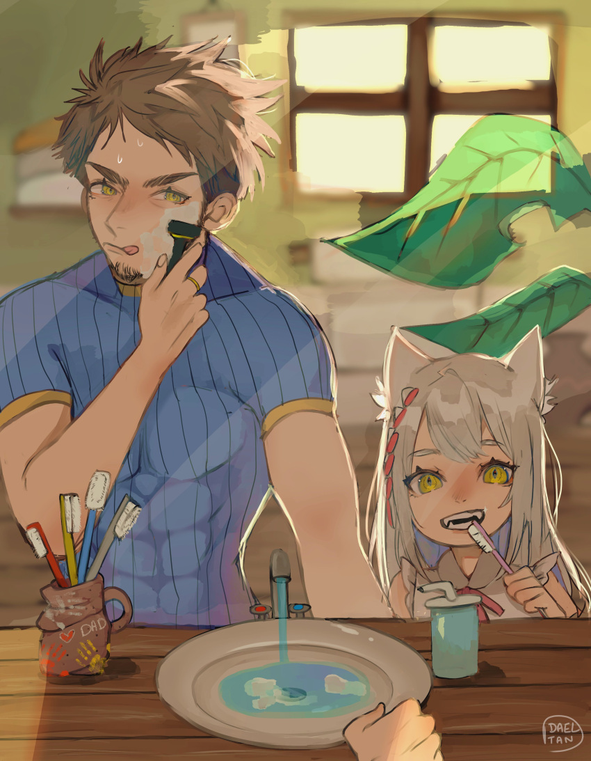 1boy 1girl absurdres aged_down aged_up animal_ears bathroom brushing_teeth cat_ears child dadeltan facial_hair father_and_daughter female_child highres holding holding_toothbrush mio_(xenoblade) mirror official_alternate_hair_length official_alternate_hairstyle reflection rex_(xenoblade) sharp_teeth shaving short_hair sink teeth toothbrush toothbrush_in_mouth xenoblade_chronicles_(series) xenoblade_chronicles_2 xenoblade_chronicles_3 xenoblade_chronicles_3:_future_redeemed yellow_eyes