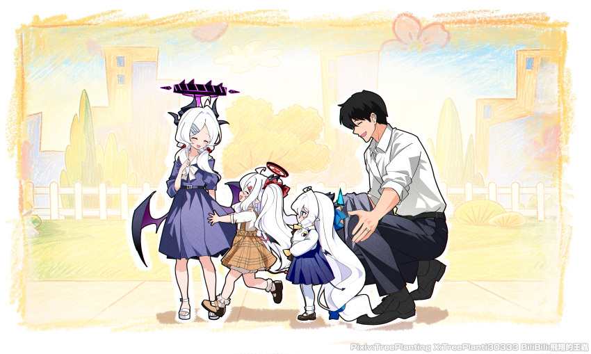 1boy 3girls :d ^_^ absurdly_long_hair absurdres aged_down alternate_costume alternate_hairstyle belt black_belt black_dress black_hair black_halo black_pants black_shoes blue_archive blue_halo bow business_casual casual closed_eyes collared_shirt commentary_request demon_girl demon_horns demon_tail demon_wings dress family father_and_child father_and_daughter forehead full_body hair_between_eyes hair_bobbles hair_bow hair_ornament hair_ribbon halo height_difference highres hina_(blue_archive) horns hugging_doll hugging_object husband_and_wife kneeling long_hair long_sleeves looking_at_another low_twintails luna_(treeplanting) mother_and_child mother_and_daughter multicolored_halo multiple_girls open_mouth original outdoors pants parent_and_child parted_bangs parted_lips peroro_(blue_archive) pinafore_dress plaid_clothes plaid_skirt pointy_ears red_halo ribbon sailor_collar sailor_dress sensei_(blue_archive) shirt shoes short_sleeves sidelocks skirt sleeveless sleeveless_dress smile sun_(treeplanting) tail treeplanting triangle_halo twintails two-tone_halo very_long_hair wavy_hair white_hair white_shirt wings