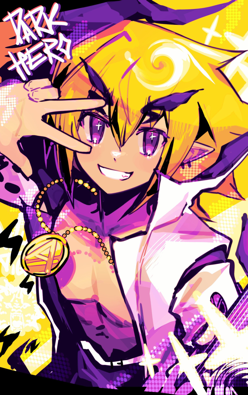 1boy absurdres akutare_(disgaea) belt blonde_hair chain chain_necklace coat colored_shadow disgaea english_text gold_chain grin highres jewelry kasumi_koujou makai_senki_disgaea_2 male_focus necklace pants pointy_ears purple_pants shadow smile solo teeth topless_male v v_over_eye violet_eyes