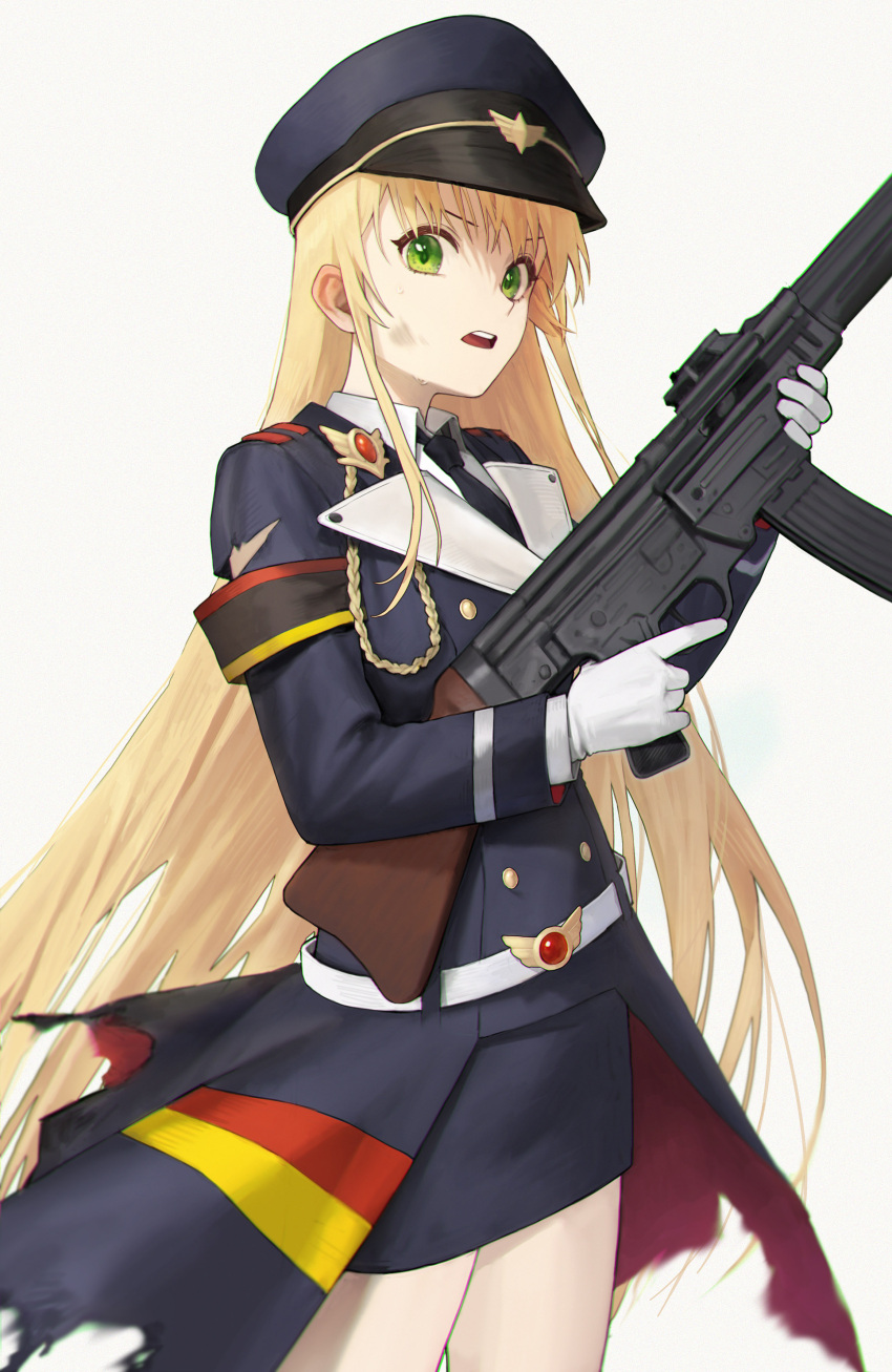 1girl absurdres assault_rifle black_headwear black_skirt blonde_hair collared_shirt commission cowboy_shot dirty dirty_face girls_frontline gloves green_eyes gun hat highres holding holding_gun holding_weapon kir_(khw66136132) long_hair long_sleeves looking_at_viewer military military_hat military_uniform necktie open_mouth peaked_cap pixiv_commission rifle shirt simple_background skirt solo standing stg44 stg44_(girls'_frontline) sweat torn_clothes trigger_discipline uniform very_long_hair weapon white_gloves
