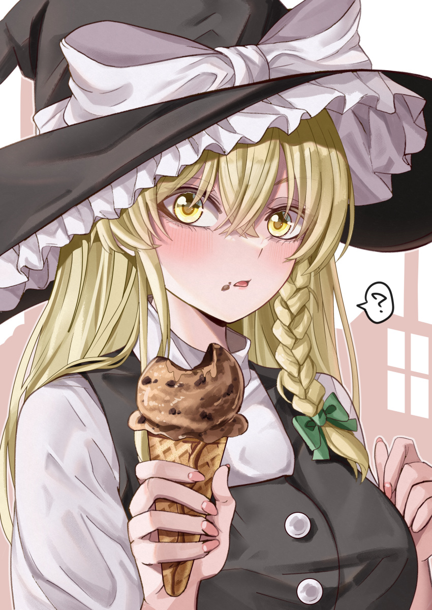 1girl ? absurdres black_headwear black_jacket blonde_hair bow braid breasts food food_on_face green_bow hat highres holding_ice_cream ice_cream ice_cream_cone jacket kirisame_marisa large_bow large_hat maboroshi_mochi open_mouth shirt single_braid solo spoken_question_mark touhou white_bow white_shirt witch_hat yellow_eyes