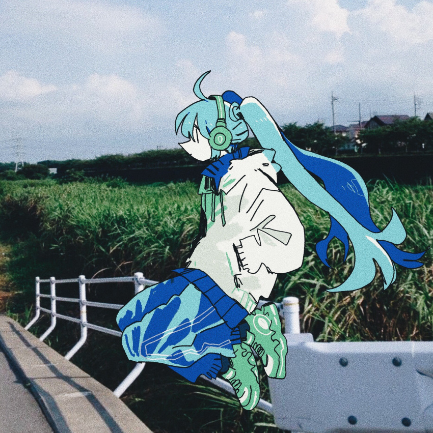 1girl ahoge album_cover aqua_hair blue_jacket blue_pants bridge clouds cloudy_sky colored_skin commentary_request cover day expressionless feet_up film_grain floating_hair from_side full_body hands_in_pockets hatsune_miku headphones highres hood hood_down hoodie jacket long_hair long_sleeves looking_ahead outdoors pants photo_background second-party_source shoes sitting_on_railing sky sneakers solo soyacomu tall_grass track_jacket track_pants twintails very_long_hair vocaloid white_hoodie white_skin