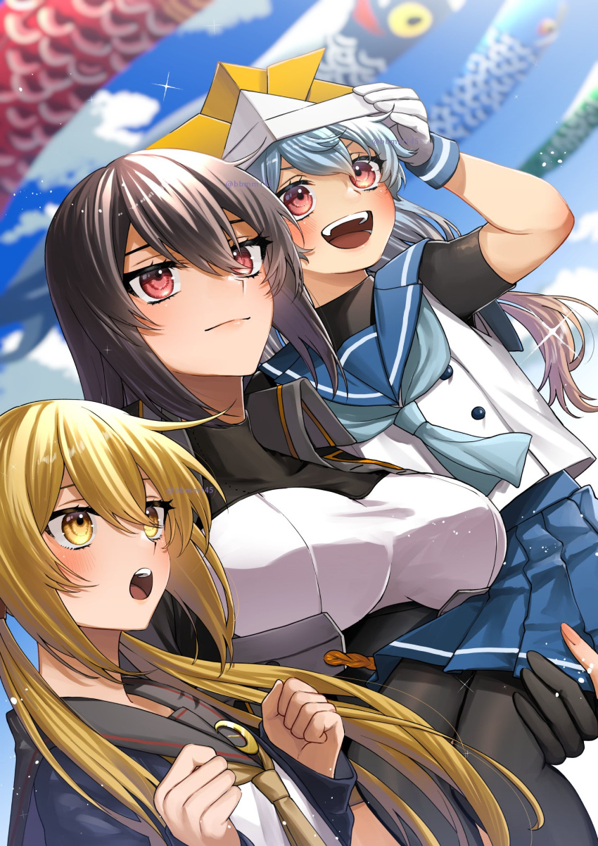 3girls black_gloves black_hair black_pantyhose black_sailor_collar blonde_hair blue_cardigan blue_hair blue_sailor_collar blue_skirt blush breasts cardigan closed_mouth commission crescent crescent_pin day gloves gradient_hair hair_between_eyes highres kantai_collection kodomo_no_hi koinobori large_breasts long_hair low_twintails machi_(ritovoyage) multicolored_hair multiple_girls nagato_(kancolle) nagato_kai_ni_(kancolle) neckerchief open_cardigan open_clothes open_mouth outdoors pantyhose paper_hat paper_kabuto partially_fingerless_gloves pleated_skirt red_eyes sado_(kancolle) sailor_collar satsuki_(kancolle) satsuki_kai_ni_(kancolle) school_uniform serafuku skeb_commission skirt smile sparkle twintails twitter_username white_gloves windsock yellow_eyes yellow_neckerchief