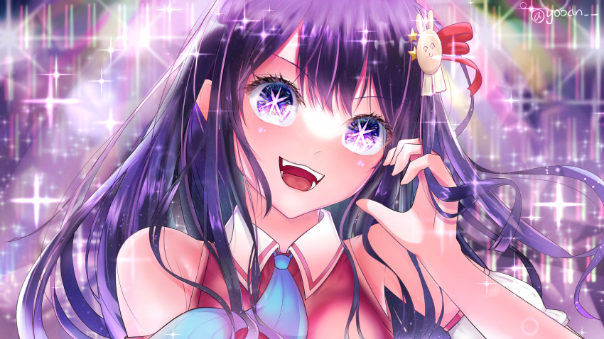 1girl absurdres ascot bare_shoulders blue_ascot blush bow collared_dress commentary detached_sleeves dress hair_ornament heart heart_hands highres hoshino_ai_(oshi_no_ko) idol long_hair multicolored_eyes open_mouth oshi_no_ko pink_dress purple_hair rabbit_hair_ornament red_bow red_ribbon ribbon sidelocks smile solo sparkle star-shaped_pupils star_(symbol) star_hair_ornament symbol-shaped_pupils teeth twitter_username violet_eyes yoodn