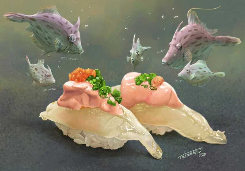 absurdres animal_focus bubble chives commentary_request dated fish food food_focus food_request highres no_humans original rice signature sushi tainosuke translation_request