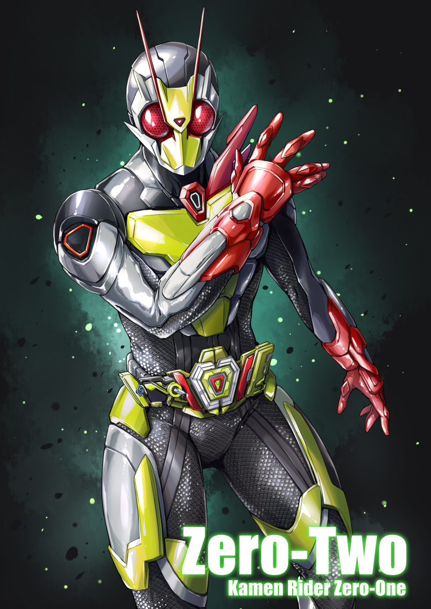 1boy absurdres armor character_name commentary_request driver_(kamen_rider) fish.boy full_body glowing glowing_eyes highres kamen_rider kamen_rider_01_(series) kamen_rider_zero-two looking_at_viewer male_focus open_hands red_eyes rising_hopper scarf solo tokusatsu zero_two_driver