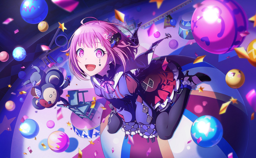 1girl ball black_gloves circus confetti dress looking_at_viewer official_art ootori_emu open_mouth pink_bowtie pink_eyes pink_hair plush project_sekai short smile solo star stuffed_animal
