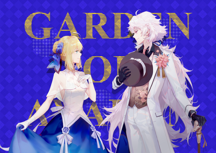 1boy 1girl ahoge alternate_costume argon_(caocaocaocaocao) artoria_pendragon_(fate) black_gloves blonde_hair blue_background blue_dress blue_eyes blue_flower blue_rose braid braided_bun cane capelet clothes_lift dress dress_lift english_text fate/grand_order fate_(series) flower formal french_braid gloves hair_between_eyes hair_bun hat highres holding holding_cane long_hair long_sleeves looking_at_another merlin_(fate) necktie pants pink_necktie profile rose saber see-through smile suit top_hat very_long_hair violet_eyes waistcoat white_gloves white_hair white_pants white_suit