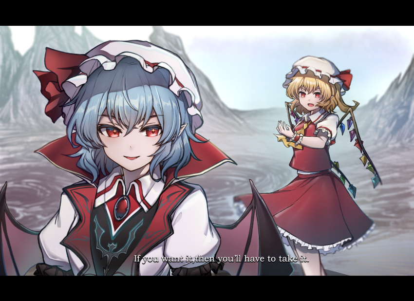 2girls ascot bat_wings blonde_hair blue_hair devil_may_cry_(series) dress english_commentary english_text flandre_scarlet frilled_sleeves frills hat high_collar highres jacket looking_at_another mountain multicolored_wings multiple_girls open_mouth outdoors pointy_ears red_eyes remilia_scarlet ribbon scene_reference shishui_guima short_hair skirt sky subtitled talking touhou vampire wings yellow_ascot