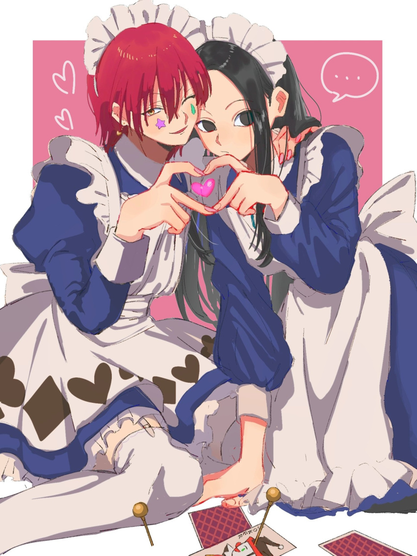 ... 2boys ;) apron black_eyes black_hair blue_dress border card crossdressing dress facial_mark feet_out_of_frame fingernails frilled_dress frills hair_down hand_on_another's_shoulder heart heart_hands highres hisoka_morow hunter_x_hunter illumi_zoldyck joker_(card) long_hair looking_at_viewer maid maid_apron maid_headdress male_focus multiple_boys one_eye_closed pink_background playing_card redhead short_hair sitting smile speech_bubble thicopoyo white_border yellow_eyes