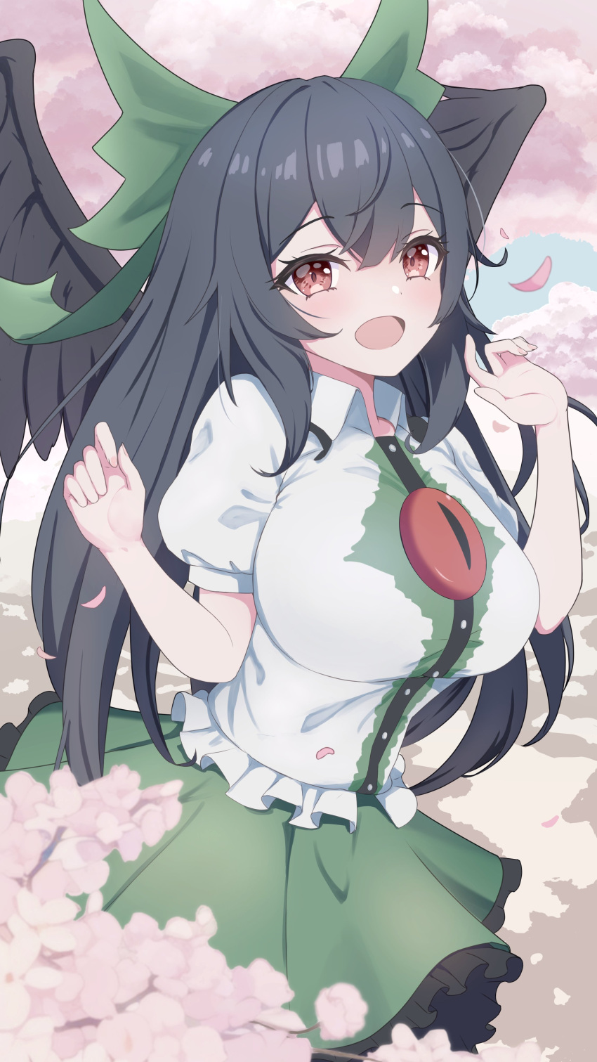 1girl absurdres black_hair black_wings bow breasts collared_shirt commentary_request green_bow green_skirt hair_bow highres large_breasts long_hair looking_at_viewer o1118 open_mouth outdoors red_eyes reiuji_utsuho shirt short_sleeves sidelocks skirt solo third_eye touhou white_shirt wings