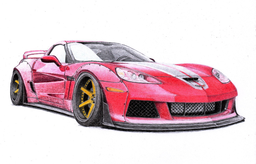 chevrolet chevrolet_corvette chevrolet_corvette_c6 colored_pencil_(medium) highres no_humans original red_car shadow spoiler_(automobile) stance_(vehicle) sting_custom traditional_media vehicle_focus white_background