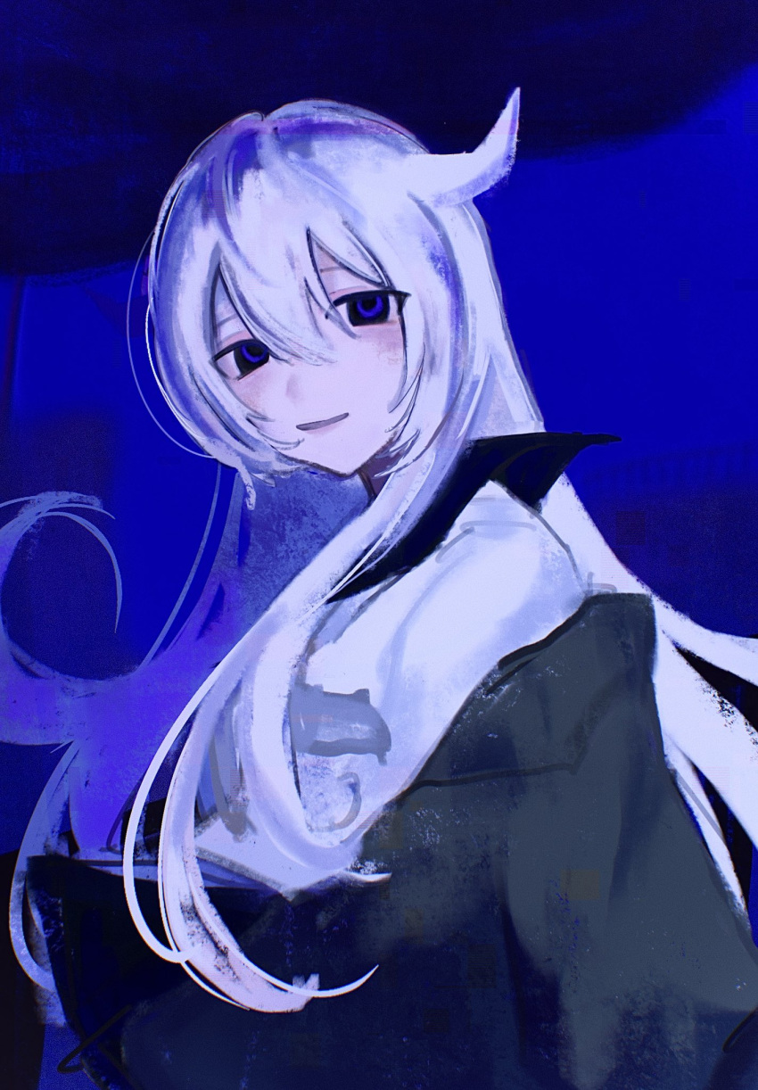 1girl blue_background blue_eyes blue_theme commentary_request floating_hair from_side half-closed_eyes highres horns isei_ni_ikou_ne_(cevio) jacket jacket_partially_removed light_smile long_hair looking_at_viewer looking_to_the_side neckerchief open_mouth pu_(punico_0000) school_uniform serafuku sidelocks solo tareme ufo upper_body white_hair