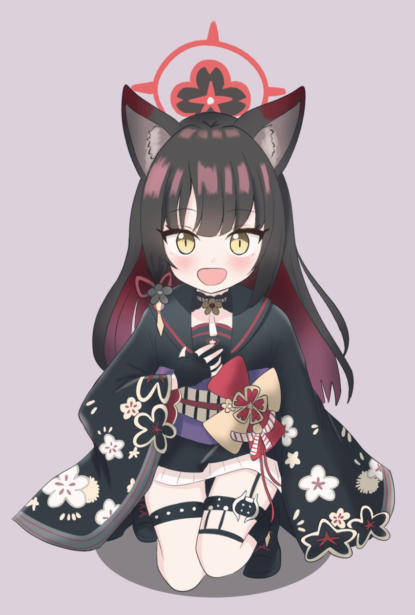 1girl :d age_regression aged_down animal_ears bare_legs black_flower black_garter_straps black_gloves black_hair black_kimono blue_archive blush boots brown_hair fingerless_gloves floral_print flower fox_ears fox_girl full_body garter_straps gloves hair_flower hair_ornament halo hand_on_own_chest hand_up happy heeya highres japanese_clothes kimono kneeling long_hair miniskirt multicolored_hair no_legwear no_tail on_one_knee pleated_skirt redhead sash skirt slit_pupils smile solo squatting thigh_strap two-tone_hair very_long_hair wakamo_(blue_archive) white_skirt wide_sleeves yellow_eyes
