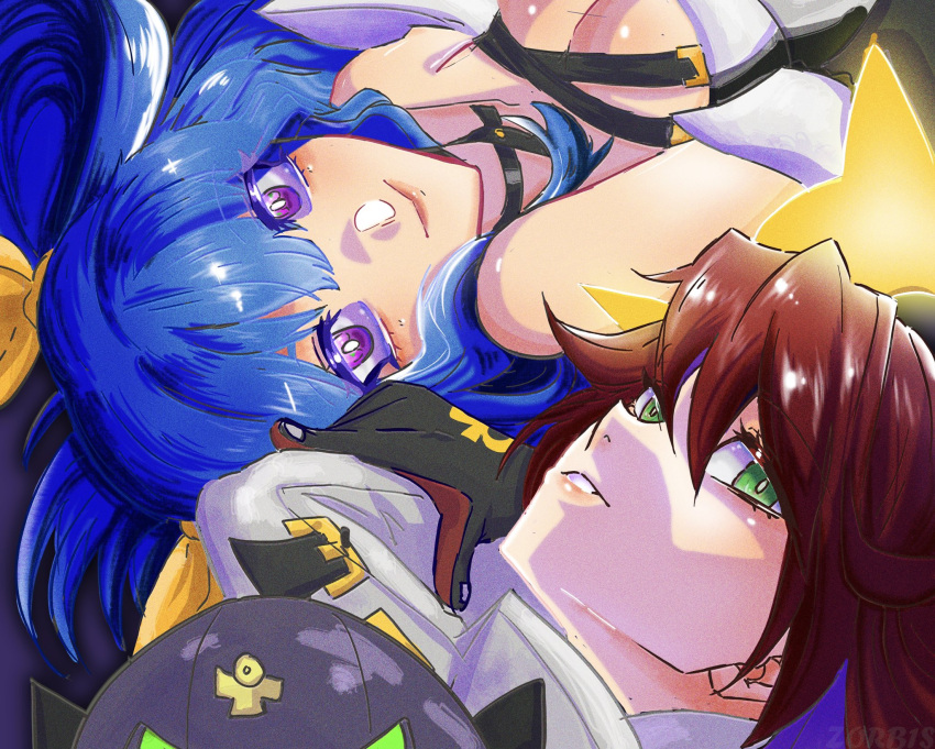 2girls ankh bare_shoulders blue_hair compass_rose_halo dizzy_(guilty_gear) green_eyes grey_mask guilty_gear guilty_gear_strive hair_ribbon hair_rings halo highres jack-o'_valentine long_hair looking_at_viewer mother_and_daughter multiple_girls pumpkin_mask redhead ribbon smile too_many_belts twintails violet_eyes yellow_ribbon zorb11s