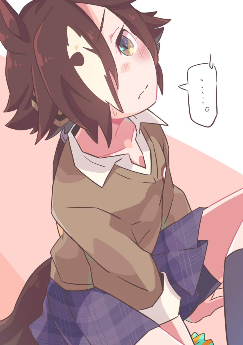 ... 1girl absurdres animal_ears between_legs black_socks blue_skirt blush brown_background brown_eyes brown_hair brown_sweater closed_mouth collared_shirt commentary_request feet_out_of_frame hand_between_legs highres horse_ears horse_girl horse_tail long_hair low_ponytail maru_(hachi_47923) multicolored_hair plaid plaid_skirt pleated_skirt ponytail school_uniform shirt skirt socks solo spoken_ellipsis streaked_hair sweat sweater tail two-tone_background umamusume very_long_hair vodka_(umamusume) white_background white_hair white_shirt