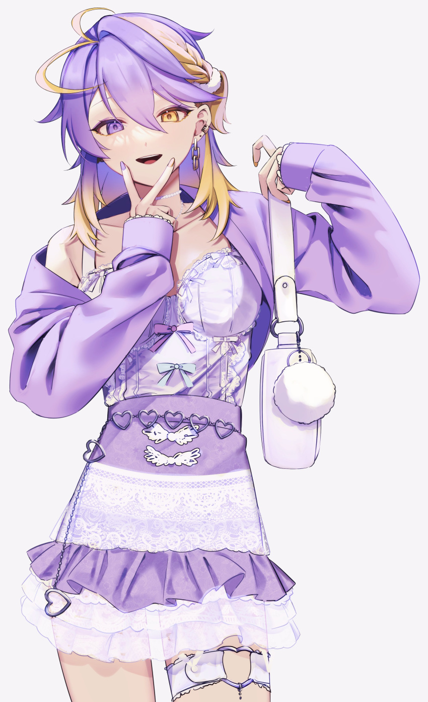 1boy absurdres aster_arcadia bag blonde_hair commentary crossdressing dress earrings gradient_hair heterochromia highres jacket jewelry male_focus medium_hair multicolored_hair nijisanji nijisanji_en open_clothes open_jacket peridot68 purple_dress purple_hair purple_jacket purple_nails shoulder_bag simple_background solo streaked_hair symbol-only_commentary v_over_mouth violet_eyes virtual_youtuber white_background yellow_eyes yellow_nails