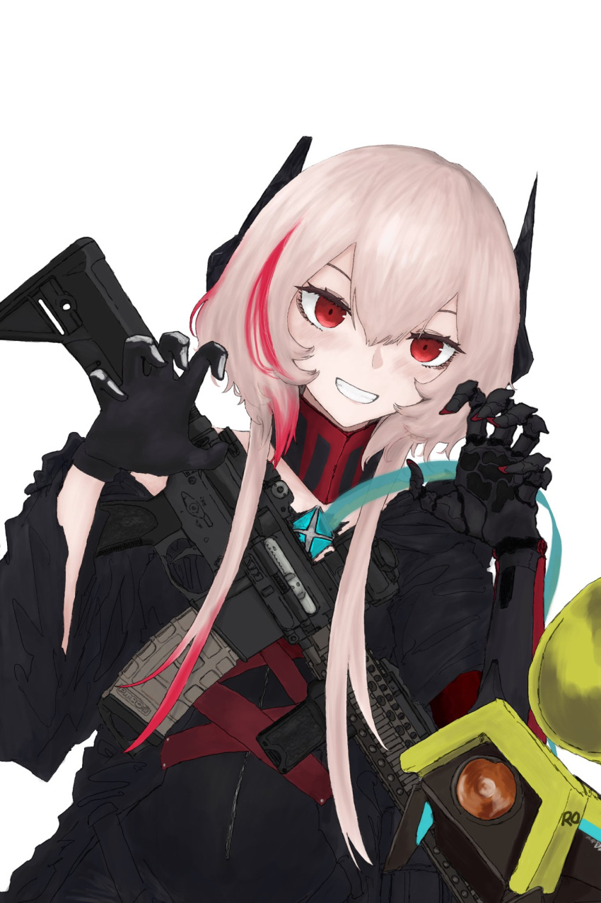 1girl assault_rifle banana_(girls'_frontline) black_gloves claw_pose commentary_request girls_frontline gloves grin gun hair_between_eyes headgear highres jacket looking_at_viewer m4_sopmod_ii m4_sopmod_ii_(girls'_frontline) mechanical_arms mod3_(girls'_frontline) multicolored_hair natri999 pink_hair red_eyes redhead rifle simple_background single_glove single_mechanical_arm smile solo streaked_hair upper_body weapon white_background