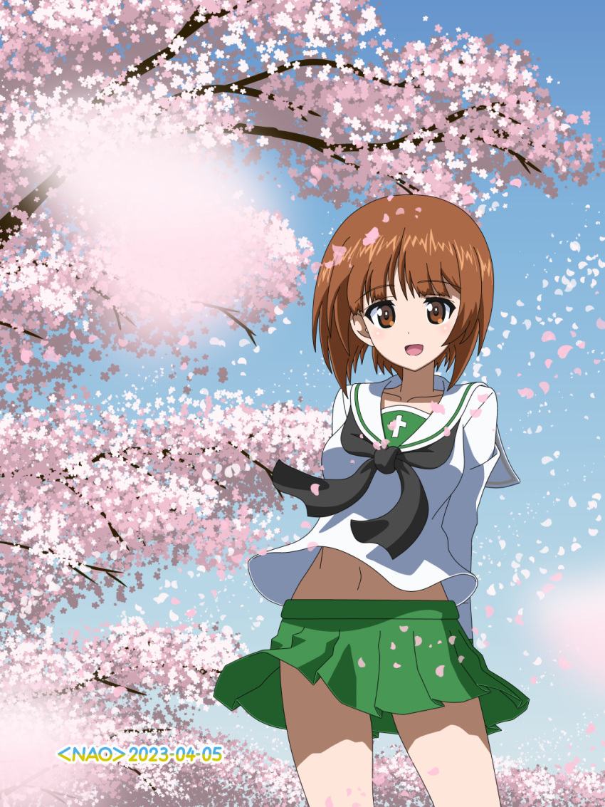 1girl arms_behind_back artist_name black_neckerchief blouse blue_sky blurry blurry_foreground brown_eyes brown_hair cherry_blossoms clear_sky commentary cowboy_shot dated day depth_of_field girls_und_panzer green_skirt highres long_sleeves looking_at_viewer midriff_peek miniskirt naotosi navel neckerchief nishizumi_miho ooarai_school_uniform open_mouth outdoors pleated_skirt sailor_collar school_uniform serafuku shirt short_hair skirt sky smile solo standing tree white_sailor_collar white_shirt wind wind_lift