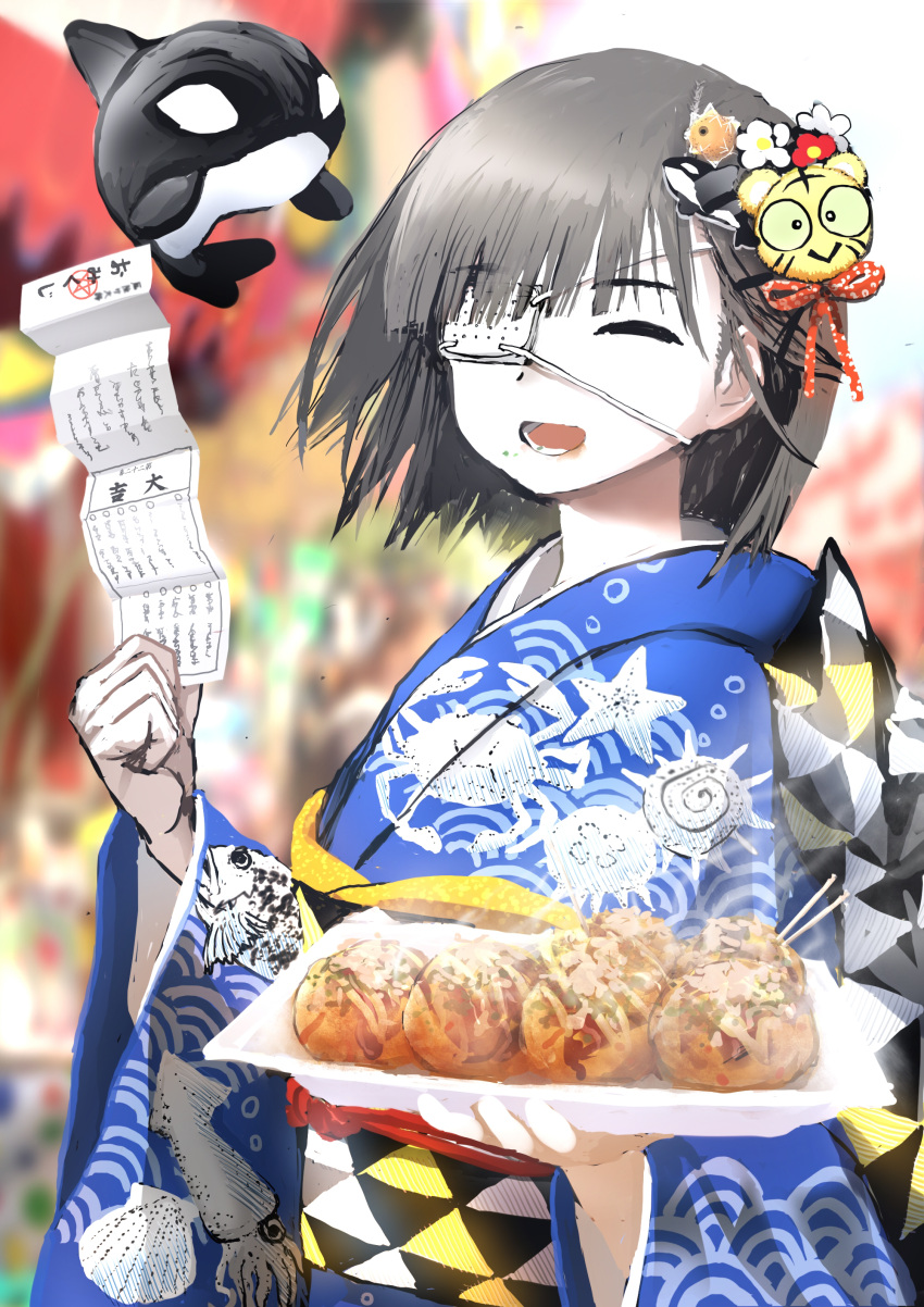 1girl absurdres asymmetrical_bangs blue_kimono brown_hair commentary_request cowboy_shot day eyepatch facing_viewer floating floating_hair flower food food_on_face giba_ryan hair_flower hair_ornament hand_up hatsumoude highres holding holding_food incoming_food japanese_clothes kimono long_sleeves medical_eyepatch new_year obi obijime omikuji one_eye_closed one_eye_covered open_mouth orca orca_hair_ornament original outdoors print_kimono sash seigaiha short_hair smile solo steam takoyaki tiger_hair_ornament wide_sleeves