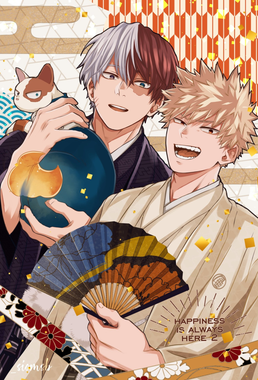 2boys animal bakugou_katsuki black_jacket black_kimono blonde_hair boku_no_hero_academia burn_scar cat commentary_request confetti egasumi english_commentary english_text folding_fan hair_between_eyes hand_fan hand_up haori haori_himo highres holding holding_animal holding_cat holding_fan jacket japanese_clothes kimono long_sleeves looking_at_viewer male_focus mixed-language_commentary multicolored_background multicolored_hair multiple_boys open_clothes open_jacket open_mouth red_eyes redhead salt_-_siomsb sayagata scar scar_on_face seigaiha short_hair smile spiky_hair split-color_hair teeth todoroki_shouto tongue two-tone_hair upper_teeth_only v-shaped_eyebrows white_hair wide_sleeves yagasuri yellow_jacket yellow_kimono