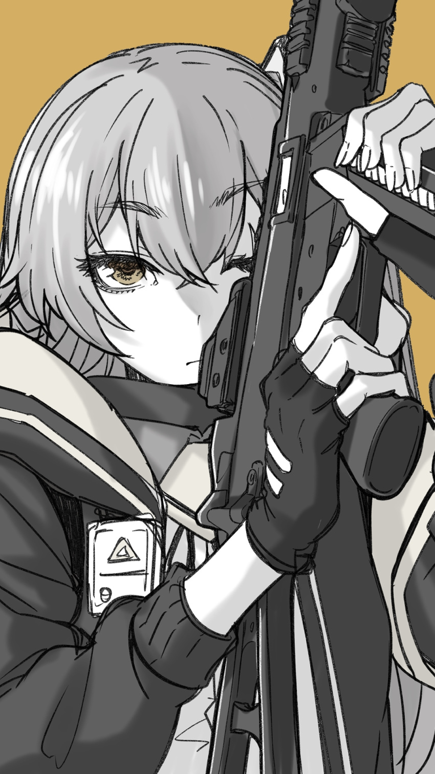 1girl brown_background brown_eyes fingerless_gloves girls_frontline gloves greyscale_with_colored_background gun h&amp;k_ump hair_between_eyes highres holding holding_gun holding_weapon jacket long_hair magazine_(weapon) monochrome nakiusagi one_eye_closed scar scar_across_eye simple_background solo spot_color submachine_gun trigger_discipline ump45_(girls'_frontline) weapon