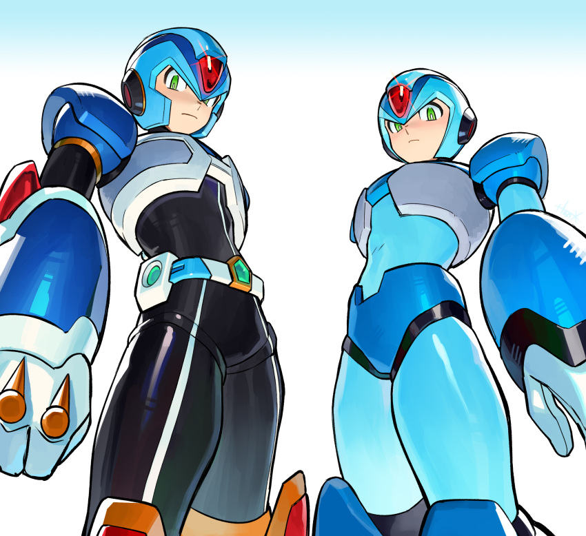 2boys absurdres armor black_bodysuit blue_armor blue_helmet bodysuit buzzsaw_(6631455) cowboy_shot forehead_jewel green_eyes helmet highres male_focus mega_man_(series) mega_man_x:_command_mission mega_man_x_(series) multiple_boys new_armor_x_(mega_man) x_(mega_man)