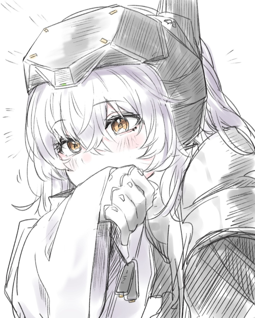 1girl blush cloak dog_tags goddess_of_victory:_nikke hair_between_eyes hand_to_own_mouth highres long_hair nuko609 simple_background sketch snow_white_(nikke) solo upper_body visor_(armor) white_cloak white_hair yellow_eyes