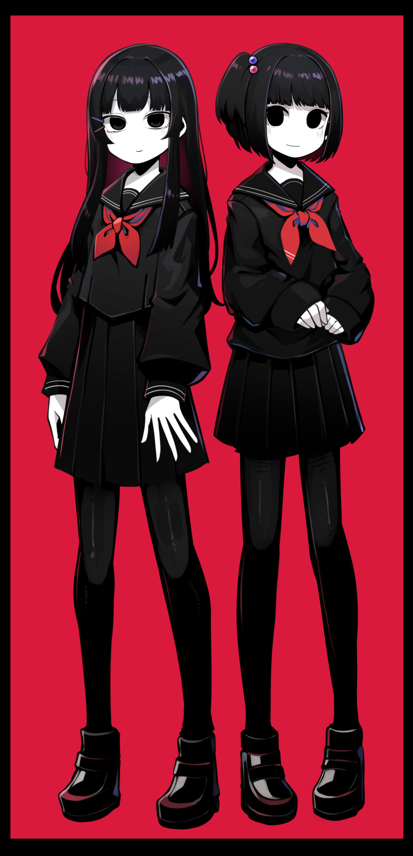 2girls absurdres amemori_sayo black_border black_eyes black_footwear black_hair black_pantyhose black_serafuku bob_cut border closed_mouth colored_skin commentary_request full_body hair_bobbles hair_ornament hairclip hatyuuruinohito highres hime_cut loafers long_hair long_sleeves looking_at_viewer multiple_girls neckerchief nijisanji one_side_up own_hands_together pantyhose pleated_skirt red_background red_neckerchief school_uniform serafuku shoes short_hair sidelocks skirt sleeves_past_wrists smile solid_eyes standing tsukino_mito virtual_youtuber white_skin