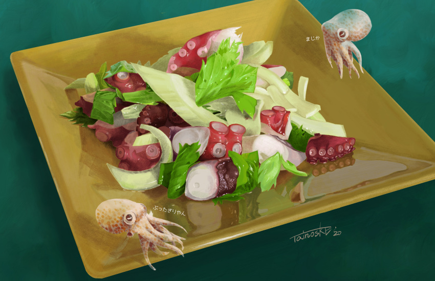 absurdres animal calamari dated food green_background highres lettuce octopus original plate reflection signature suction_cups surreal tainosuke