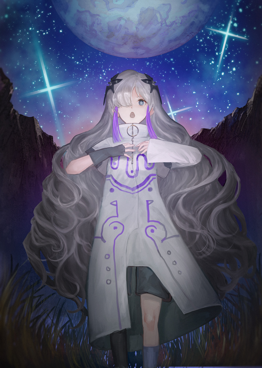 1girl asymmetrical_legwear asymmetrical_sleeves black_shorts cevio coat commentary diffraction_spikes feet_out_of_frame fingerless_gloves full_moon gloves grass grey_eyes grey_hair hair_ornament hair_over_one_eye hands_on_own_chest hands_up high_collar highres kamitsubaki_studio kneehighs long_hair looking_at_viewer moon multicolored_coat night o-ring open_mouth outdoors purple_hair sekai_(cevio) shorts sidelocks single_fingerless_glove single_kneehigh single_sock sky socks solo standing star-shaped_pupils star_(sky) star_(symbol) starry_sky symbol-shaped_pupils uneven_legwear uneven_sleeves valley very_long_hair waterstaring wavy_hair white_coat zipper_pull_tab