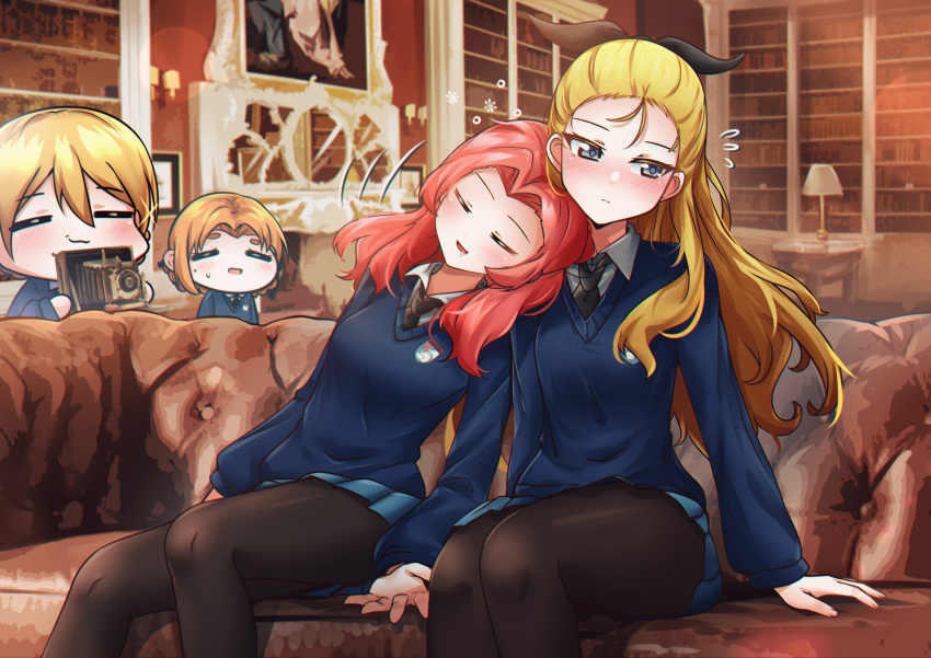 4girls absurdres assam_(girls_und_panzer) black_pantyhose blonde_hair blush bookshelf braid breasts camera closed_eyes closed_mouth couch darjeeling_(girls_und_panzer) embarrassed french_braid girls_und_panzer hair_ribbon head_on_another's_shoulder highres indoors library long_hair medium_hair mizzterbii multiple_girls open_mouth orange_hair orange_pekoe_(girls_und_panzer) pantyhose redhead ribbon rosehip_(girls_und_panzer) saliva school_uniform sleeping small_breasts smile st._gloriana's_school_uniform taking_picture yuri