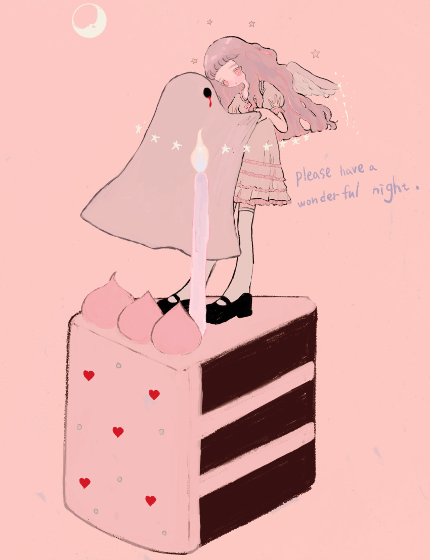 1girl 1other black_footwear blood blood_from_eyes cake cake_slice candle dress english_text feathered_wings food ghost grey_dress hair_between_eyes heart highres long_hair no_nose original pink_eyes pink_theme shoes short_sleeves star_(symbol) thigh-highs white_thighhighs wide_shot wings zurazzz