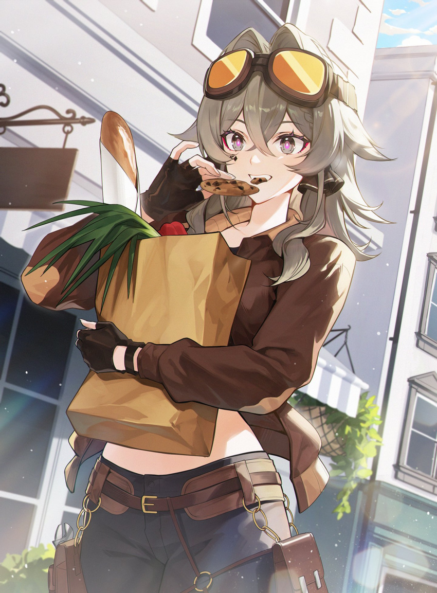 1girl alternate_costume bag baguette belt black_gloves blue_pants blue_sky bread brown_shirt brown_sleeves building clouds cloudy_sky commentary_request cookie day eating eyewear_on_head fingerless_gloves food gloves grocery_bag hair_between_eyes highres honkai_(series) honkai_impact_3rd masa_ashe medium_hair midriff outdoors pants plant second-party_source shirt shopping_bag sky solo standing teeth upper_body vill-v window