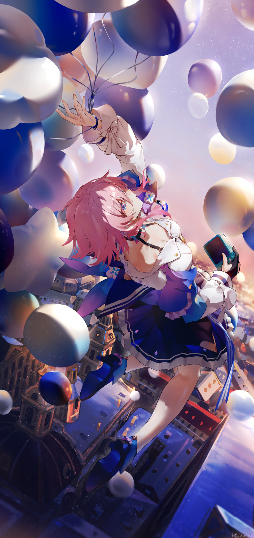 1girl absurdres archery_shooting_glove arm_up artist_name balloon blue_eyes blue_footwear blue_jacket blue_skirt camera city closed_mouth dated expressionless flying from_behind high_heels highres holding holding_camera honkai:_star_rail honkai_(series) jacket long_sleeves march_7th_(honkai:_star_rail) multicolored_clothes multicolored_jacket pink_eyes pink_hair short_hair skirt snow solo swkl:d two-tone_eyes two-tone_jacket white_jacket