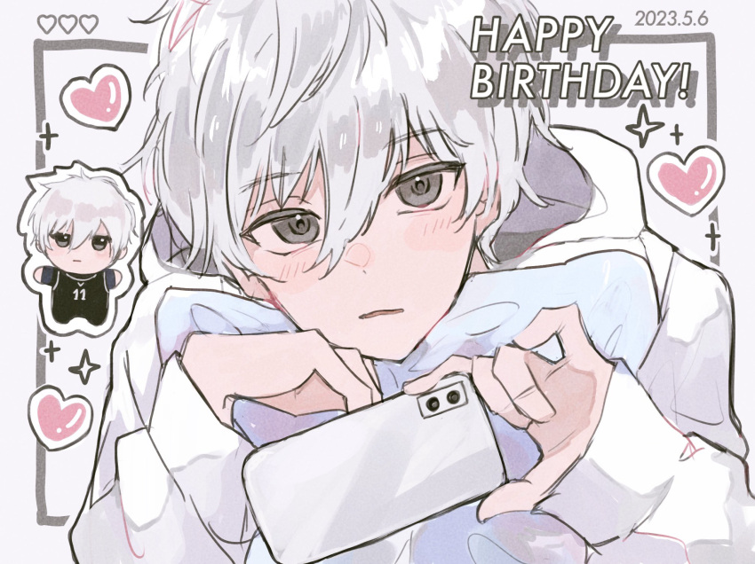 1boy black_eyes blue_lock cellphone dated ehqh9d hands_up happy_birthday heart highres holding holding_phone hood hood_down hoodie long_sleeves looking_at_viewer male_focus nagi_seishirou phone short_hair sleeves_past_wrists smartphone solo white_background white_hair white_hoodie