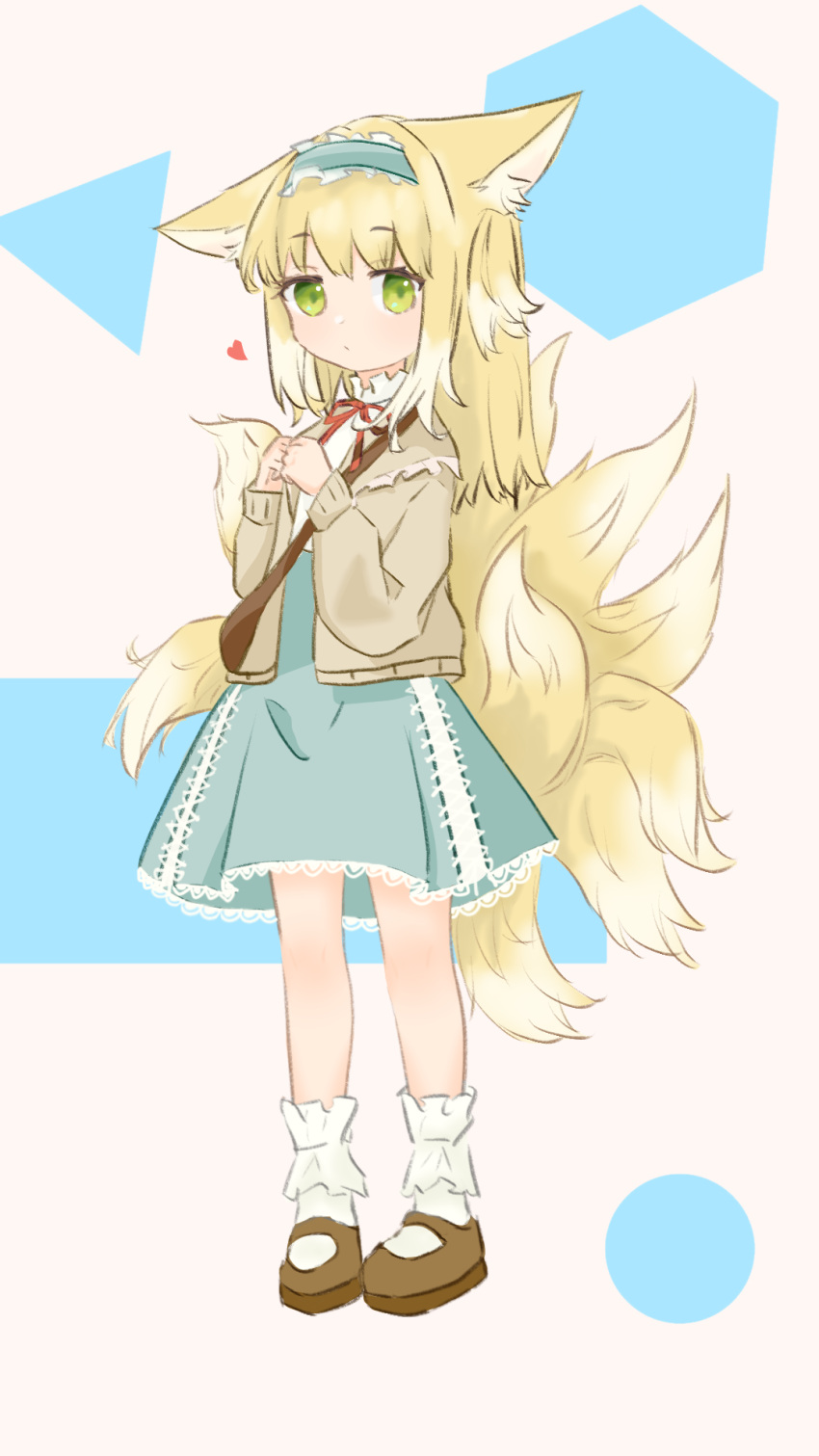 1girl animal_ear_fluff animal_ears ankle_socks aqua_hairband aqua_skirt arknights bag blonde_hair bobby_socks brown_bag brown_footwear cardigan chinese_commentary closed_mouth commentary_request cross-laced_clothes cross-laced_skirt cross-laced_slit fox_ears fox_girl fox_tail frilled_hairband frills full_body green_eyes hairband hands_up heart high-waist_skirt highres kitsune kyuubi long_hair long_sleeves looking_at_viewer mary_janes multiple_tails neck_ribbon official_alternate_costume open_cardigan open_clothes puffy_long_sleeves puffy_sleeves red_ribbon ribbon shirt shoes shoulder_bag shuirimin58521 skirt sleeve_cuffs socks solo suzuran_(arknights) suzuran_(spring_praise)_(arknights) tail white_shirt yellow_cardigan