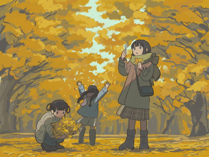 3girls arms_up autumn bag black_footwear black_hair boots fucca green_scarf highres holding holding_bag holding_leaf leaf looking_back multiple_girls open_mouth original outdoors pantyhose park plaid plaid_skirt scarf shoulder_bag skirt squatting tree twintails