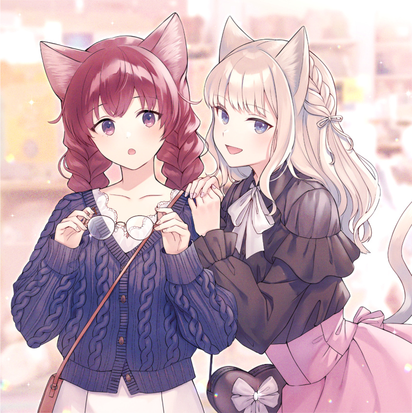 2girls :d :o animal_ears aran_sweater bag black_shirt bow bowtie braid cable_knit cardigan cat_ears cat_tail e_(eokiba) glasses hands_on_another's_shoulder heart-shaped_bag highres holding holding_eyewear light_brown_hair long_sleeves multiple_girls open_mouth original pink_skirt purple_hair shirt shoulder_bag skirt smile sweater tail twin_braids violet_eyes white_bow white_bowtie white_skirt