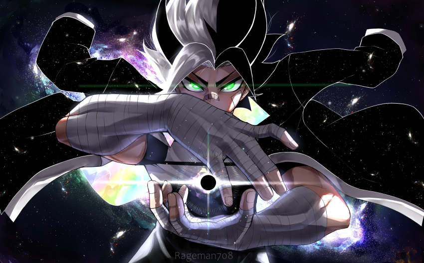 1boy absurdres bandaged_arm bandaged_hand bandages bandaid bandaid_on_cheek bandaid_on_face bandaid_on_nose black_hair black_hole commentary galaxy glowing glowing_eyes green_eyes grey_hair highres jacket jacket_on_shoulders kuro_t._dragon male_focus multicolored_hair original rageman709 solo space star_(symbol) toned toned_male two-tone_hair upper_body