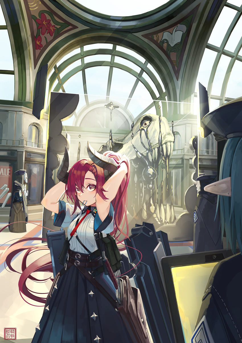 2girls 2others arms_behind_head arms_up black_headwear black_skirt blue_hair brown_eyes closed_mouth commentary_request hair_between_eyes hair_tie hair_tie_in_mouth high-waist_skirt highres indoors long_hair mouth_hold multiple_girls multiple_others natori_youkai original parted_bangs pleated_skirt pointy_ears redhead shirt short_sleeves skirt skull tying_hair very_long_hair white_shirt