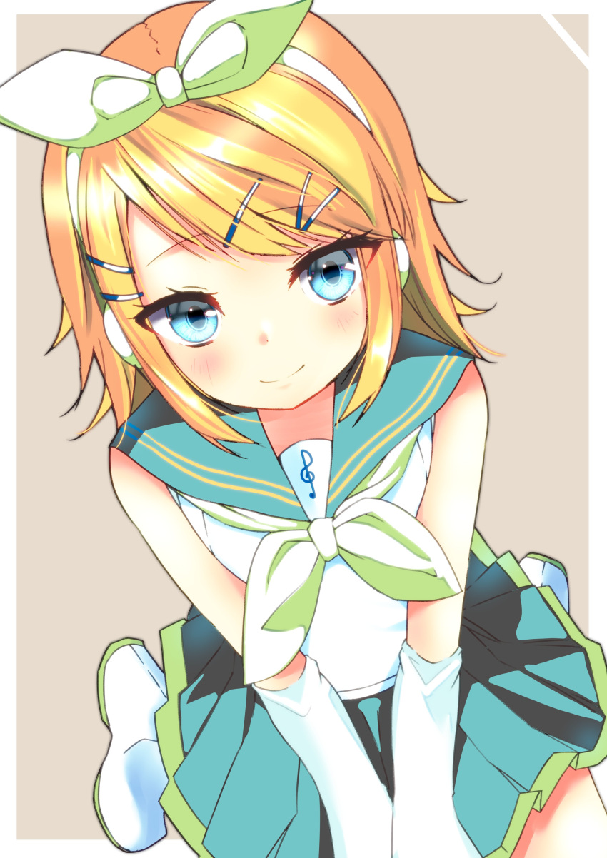 absurdres alternate_color bare_shoulders blonde_hair blue_eyes boots bow brown_background detached_sleeves dutch_angle flat_chest green_bow green_neckerchief green_skirt hair_bow hair_ornament hairclip headphones headset highres kagamine_rin kanoe_nagi light_blush looking_at_viewer looking_up neckerchief own_hands_together pleated_skirt sailor_collar sailor_shirt shirt short_hair sitting skirt sleeveless sleeveless_shirt smile solo swept_bangs treble_clef tsurime vocaloid wariza white_bow white_footwear
