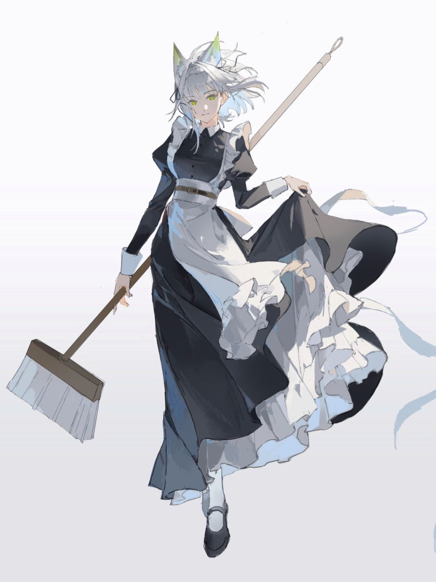1girl alternate_costume animal_ears apron arknights black_dress broom cat_ears cat_girl commentary_request dress enmaided expressionless frilled_apron frilled_dress frills full_body green_eyes grey_hair hand_up heqing highres holding holding_broom kal'tsit_(arknights) long_dress looking_at_viewer maid maid_apron maid_headdress medium_hair skirt_hold solo standing white_apron white_hair