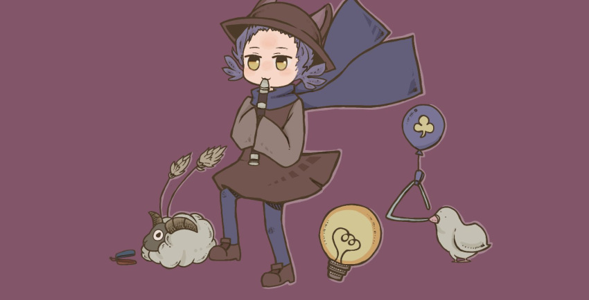 1other :3 androgynous animal animal_ears animal_hat balloon bird blue_hair blue_pantyhose blue_scarf brown_dress brown_footwear brown_headwear co8 dress floating_scarf full_body goat_horns grey_outline grey_shirt hat holding holding_instrument horns instrument light_bulb looking_ahead music niko_(oneshot) oneshot_(game) other_focus pantyhose playing_instrument purple_background recorder scarf sheep shirt short_hair simple_background sleeveless sleeveless_dress sleeves_past_fingers sleeves_past_wrists solo standing triangle_(instrument) very_long_sleeves white_bird wide_sleeves yellow_eyes
