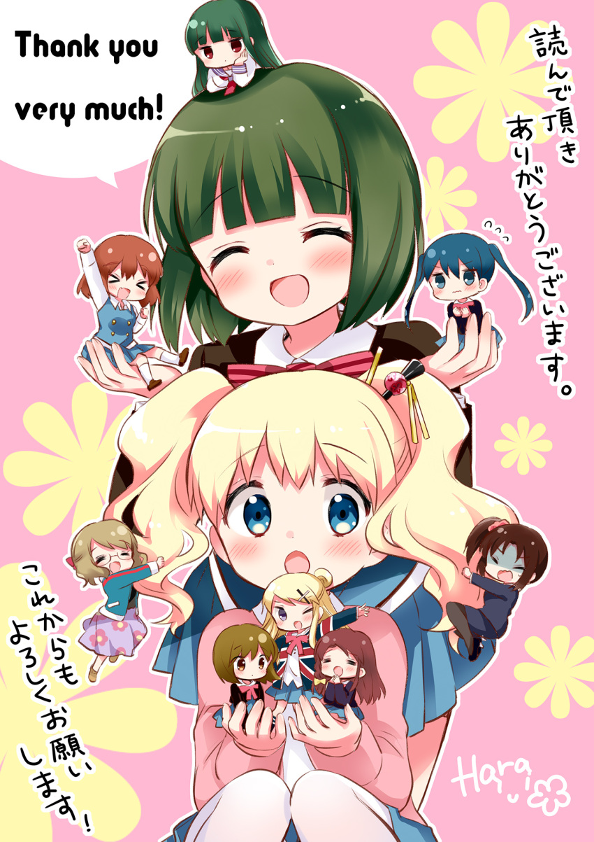 &gt;_&lt; 6+girls :d :o ^_^ absolutely_everyone alice_cartelet aqua_jacket arm_up arms_up artist_name black_footwear blonde_hair blue_eyes blue_hair blue_skirt blush border bow brown_hair brown_socks buttons chestnut_mouth chibi chopsticks clenched_hands closed_eyes closed_mouth collar collared_shirt cowboy_shot curly_hair dark_green_hair dot_mouth dot_nose double-breasted english_text everyone fang fangs floral_background floral_print flower flying_sweatdrops full_body furrowed_brow green_hair grey_eyes hair_bun hair_ornament hairclip hand_up hands_up hanging_on_another hara_yui high_ponytail highres higurashi_kana inokuma_youko jacket jitome karasuma_sakura kin-iro_mosaic komichi_aya kujou_karen kuzehashi_akari long_sleeves matching_outfit matsubara_honoka mixed-language_text multiple_girls official_alternate_costume official_art oomiya_isami oomiya_shinobu open_clothes open_jacket open_mouth orange_eyes orange_hair outstretched_arm pantyhose pink_background pink_bow pleated_skirt purple_hair purple_skirt red_bow red_eyes redhead school_uniform shaded_face shirt shoes short_twintails side_ponytail signature skin_fang skin_fangs skirt smile socks straight_hair thank_you track_jacket translation_request twintails violet_eyes white_border white_collar white_shirt white_socks x_hair_ornament yellow_bow