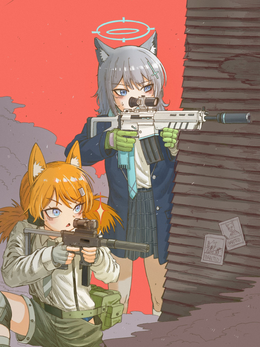 2girls aiming animal_ear_fluff animal_ears assault_rifle backpack bag belt black_jacket black_skirt blazer blue_archive blue_eyes blue_necktie blue_scarf cat_ears cat_girl collared_shirt commentary cross_hair_ornament crossover english_commentary girls_frontline grey_hair gun hair_between_eyes hair_ornament hairclip halo headset highres holding holding_gun holding_weapon idw_(girls'_frontline) jacket knee_pads kneeling long_hair long_sleeves looking_away medium_hair mismatched_pupils multiple_girls necktie open_clothes open_jacket orange_hair parker-hale_idw parted_lips plaid plaid_skirt pleated_skirt powerdman rifle scarf school_uniform shiroko_(blue_archive) shirt shorts sidelocks sig_sauer_556 simple_background skirt suspender_shorts suspenders sweat taking_cover triangle_mouth weapon white_shirt wolf_ears wolf_girl