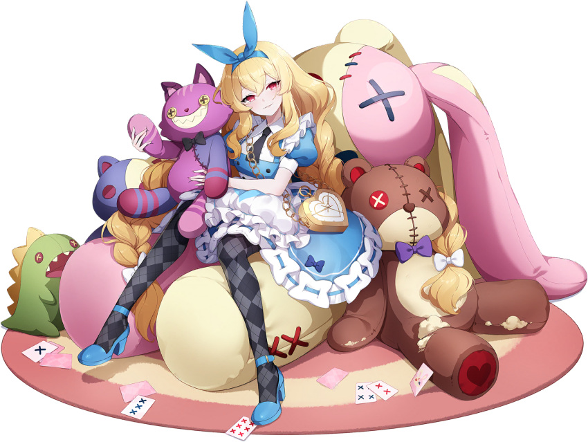 1girl alice_(alice_in_wonderland) alice_(alice_in_wonderland)_(cosplay) black_socks blonde_hair blue_bow blue_footwear blush bow bowtie braid button_eyes card clock cosplay cross-laced_clothes dress eversoul frilled_dress frilled_skirt frills game_cg garnet_(eversoul) grin hair_bow high_heels highres holding holding_stuffed_toy long_hair non-web_source official_alternate_costume official_art playing_card puffy_short_sleeves puffy_sleeves red_eyes short_sleeves sitting skirt smile socks solo stitches stuffed_animal stuffed_cat stuffed_dinosaur stuffed_rabbit stuffed_toy tachi-e teddy_bear thigh-highs transparent_background very_long_hair