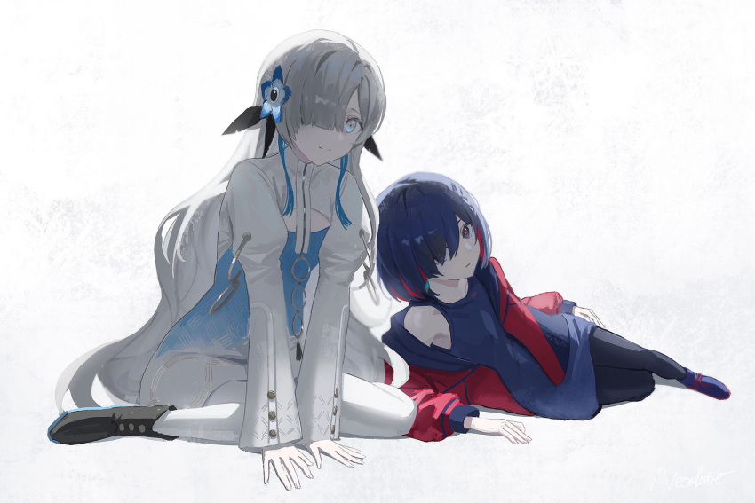 2girls arm_support black_pantyhose blue_dress blue_eyes blue_flower blue_hair boots cleavage_cutout closed_mouth clothing_cutout colored_inner_hair commentary diamond_earrings dress earrings expressionless flower full_body gradient_dress grey_eyes grey_hair hair_flower hair_ornament hair_over_one_eye isekai_joucho jacket jewelry juliet_sleeves kamitsubaki_studio light_smile long_hair long_sleeves looking_at_viewer lying multicolored_eyes multicolored_hair multiple_girls nekoreito o-ring off_shoulder on_side open_clothes open_jacket pantyhose puffy_sleeves reclining red_eyes red_jacket redhead rim_(kamitsubaki_studio) short_dress short_hair shrug_(clothing) single_bare_shoulder sitting sleeveless sleeveless_dress spaghetti_strap streaked_hair symbol-only_commentary v_arms very_long_hair virtual_youtuber wariza wavy_hair white_background white_dress white_pantyhose white_sleeves yellow_pupils