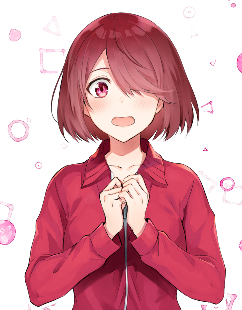 1girl blush clenched_hands collarbone e_(eokiba) hair_over_one_eye hands_on_own_chest highres hoshino_miyako_(wataten) jacket open_mouth own_hands_together red_eyes red_jacket redhead short_hair solo track_jacket upper_body watashi_ni_tenshi_ga_maiorita!